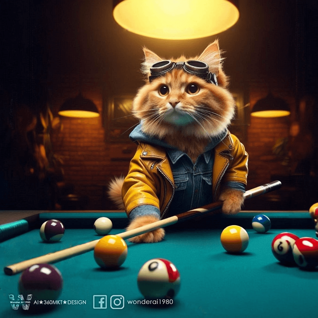AI generated: Drama photo, visual tension, anthropomorphic real cute cat, wearing yellow casual clothes, playing p...