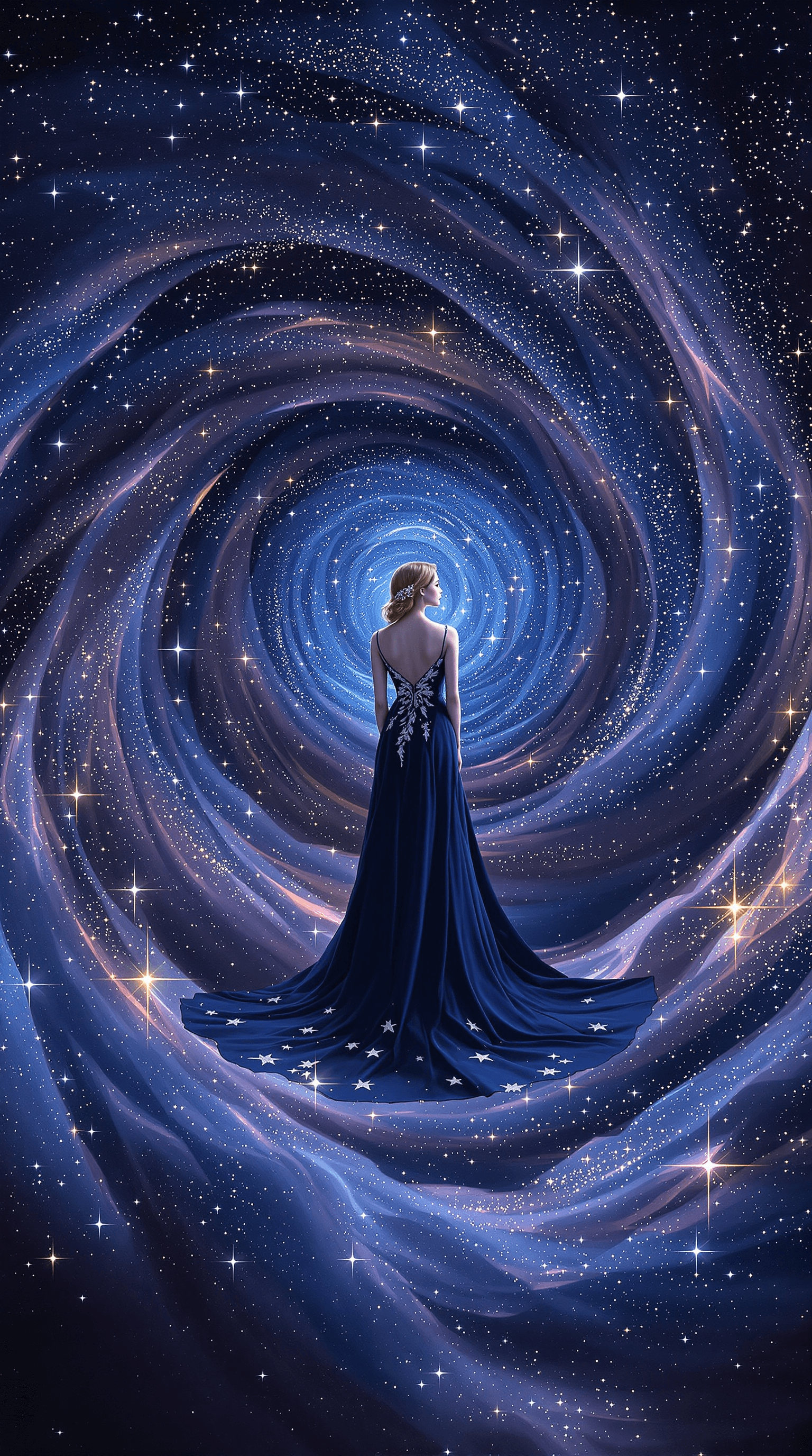 AI generated: A pretty woman, her form a study in elegant fluidity, wears a long, flowing gown crafted from a deep...