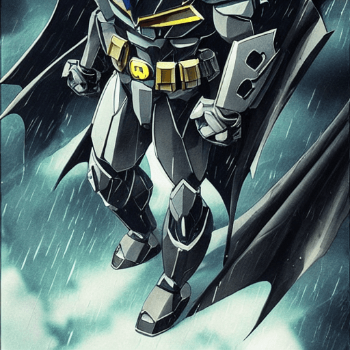 AI generated: batman wearing gundam armor| battle damaged armor| its a dark rainy night| epic fight scene| wounded...