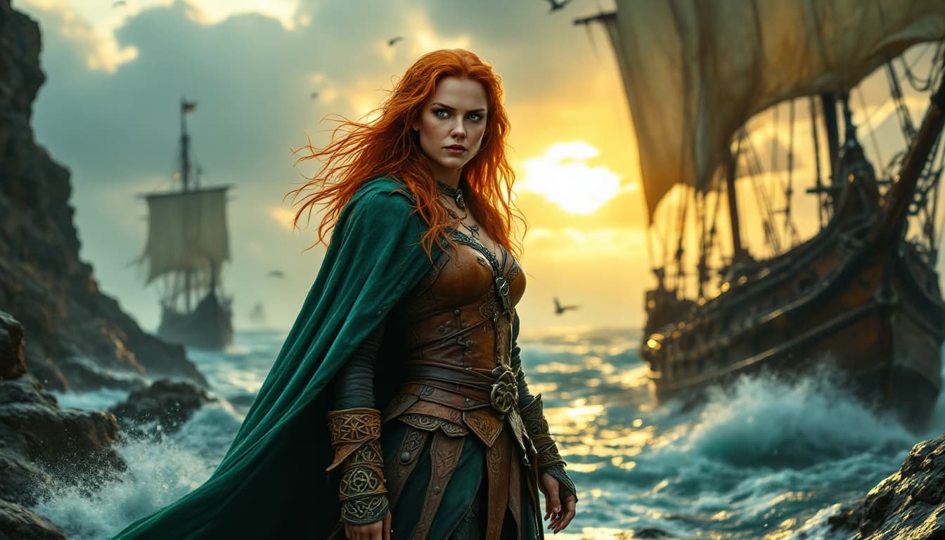 AI generated: Gráinne O'Malley, the legendary Irish pirate queen, stands defiantly at her rugged sea port, her sta...