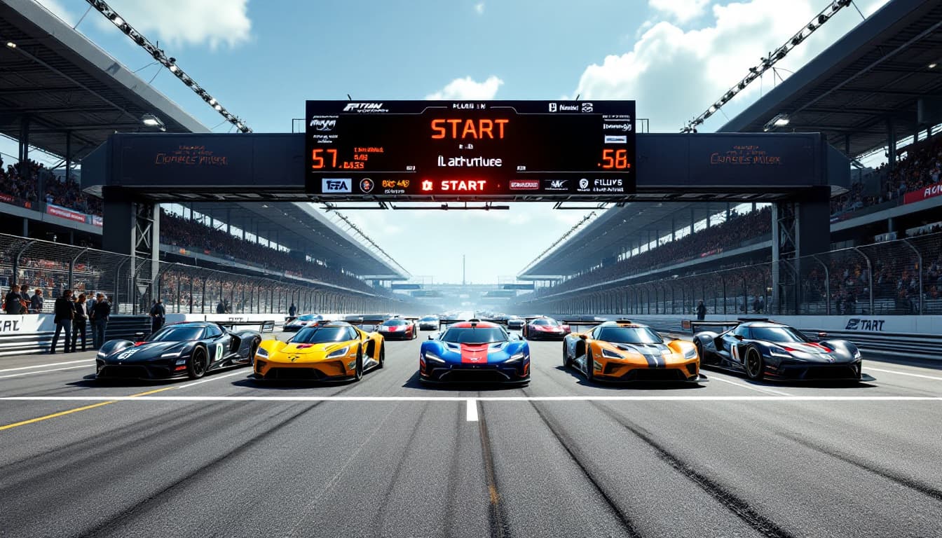 AI generated:  On the wide race track behind the START lane (white strip across the track) there are few cars in 3...