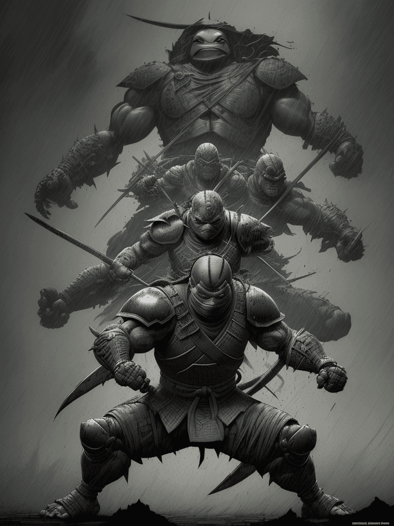 AI generated: A broken humanoid ninja turtle in battle, samurai armor, dark fantasy illustration, dark tones, epic...
