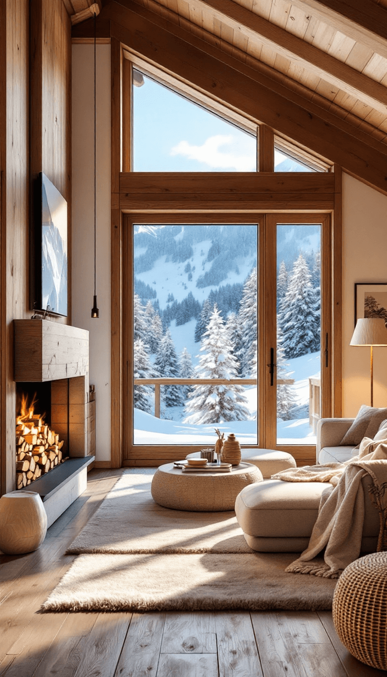 AI generated: a cozy living room in a wooden chalet, big fireplace, stacked firewood, big window with views of ski...