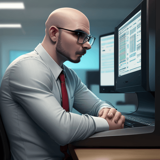 AI generated: 
pitbull dog with glasses sitting programming in front of a desktop computer looking at the monitor,...