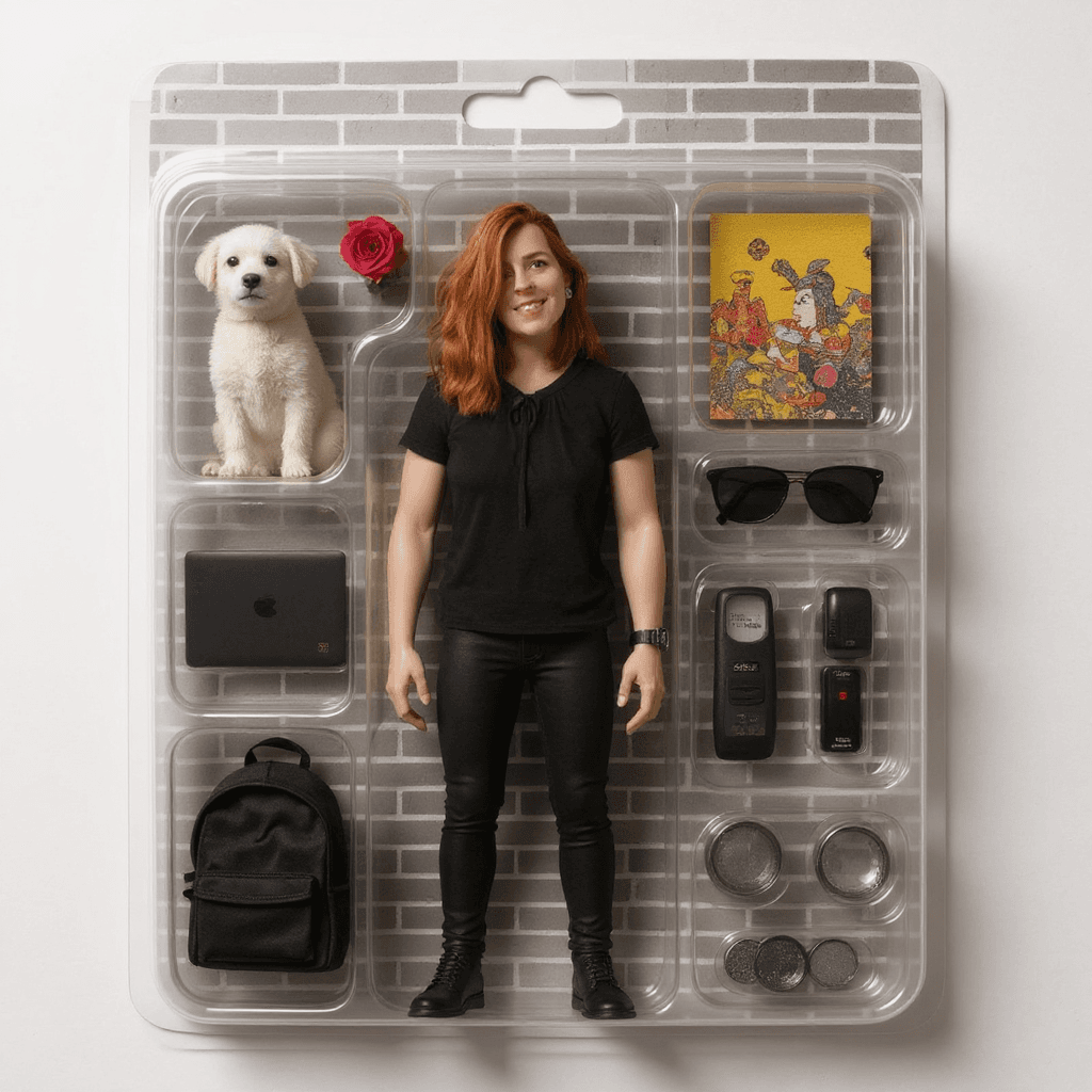 AI generated: Action figure packaging design, featuring a 33-year-old, tall, red-haired woman with a bow tie, as a...