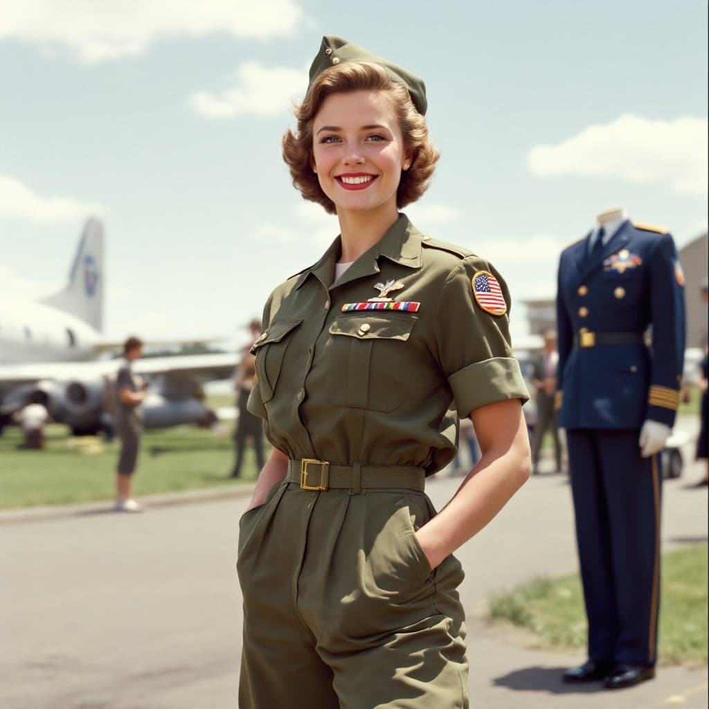 AI generated:  50s PIN up 3 girl, breast 150, green army , White navy, Blue Air force U.S. uniforms photos old sty...