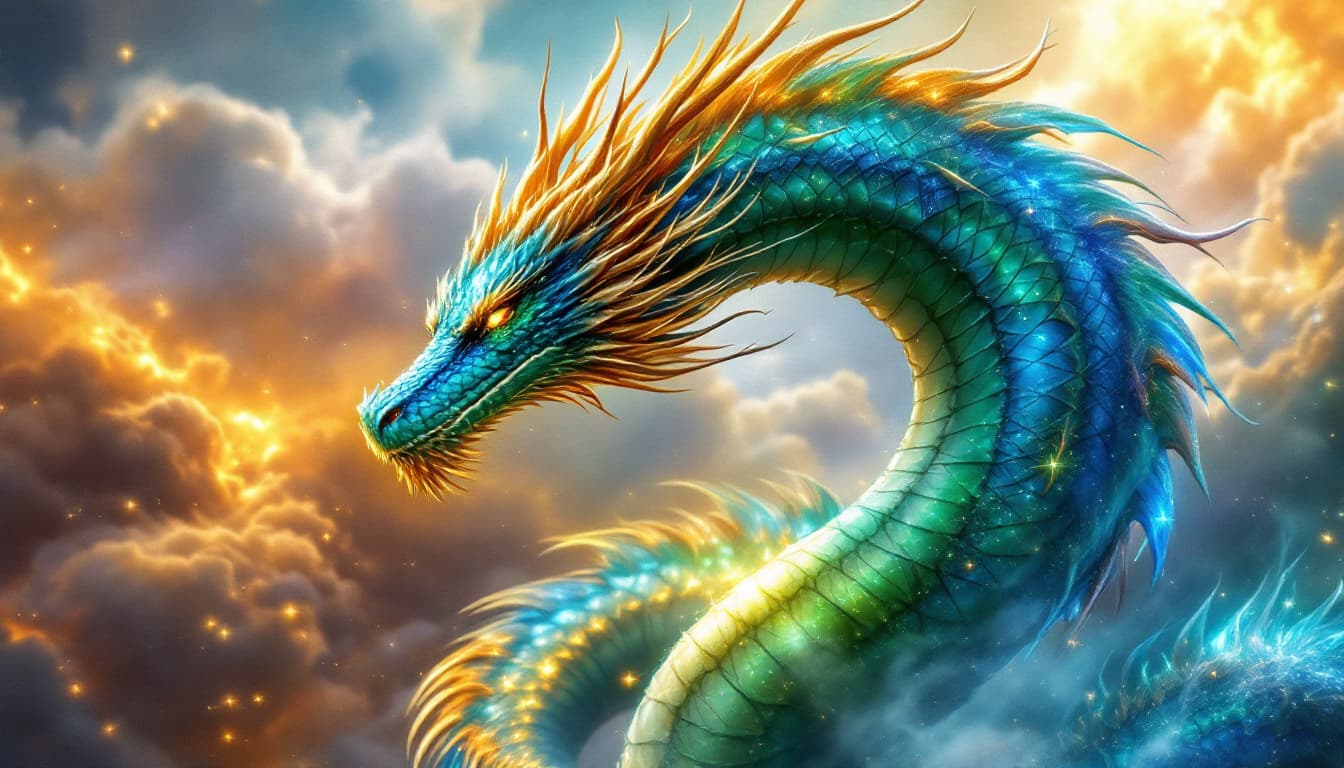 AI generated: An hyperealistic abundance dragon, wih blue, green, golden and silver colors