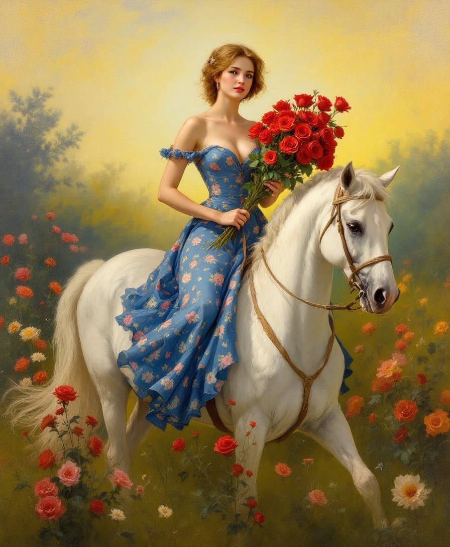 AI generated: A serene scene of a woman in a blue floral dress riding a white horse. She holds a bouquet of red ro...