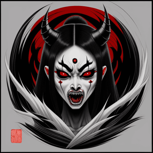 AI generated: Japanese art, scary demon woman , influenced by modern manga drawings, black red and white tones
