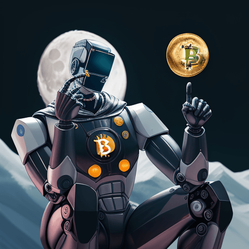 AI generated: make an image, background is icon of bitcoin, has a handsome forex robot uses his finger arming to t...