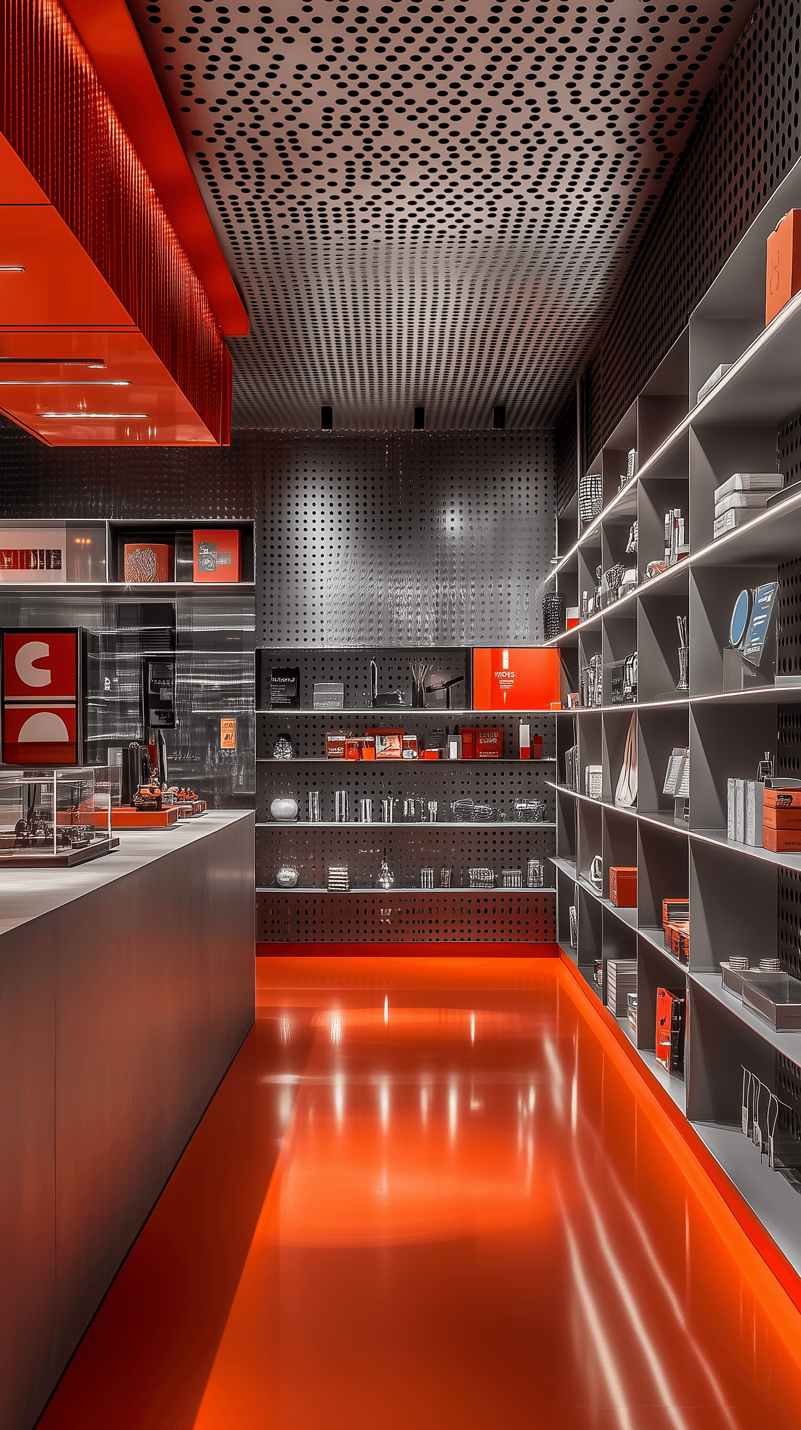 AI generated: vibrant modern commercial space, counter and layered metal shelves characterized by corrugated and p...