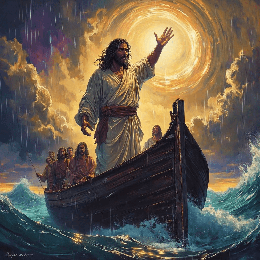 AI generated: An awe-inspiring scene of Jesus Christ standing at the bow of a small, weathered fishing boat amidst...