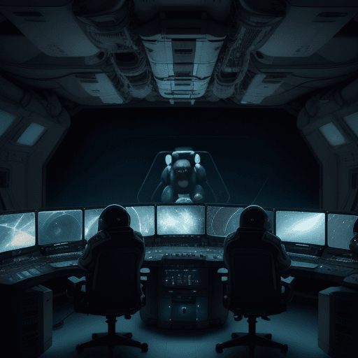 AI generated:  cinematic shot of stellar space station command deck with lots of computers. ::2 Dim light illumina...