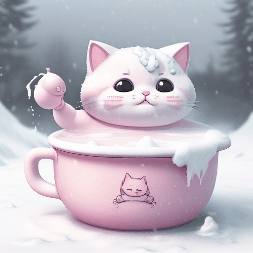 AI generated: Real adorable chubby cat with tattoos, enjoying snowy weather, sip pink milk, soaking in a hot sprin...