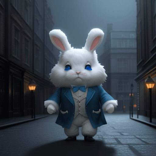 AI generated: cut little fluffy Bunny cub dressed up as sherlock holmes, blue eyes, investigating a crime, pixar-s...