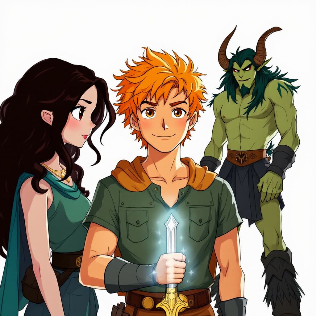 AI generated: Percy Jackson holding his sword Riptide standing with his friends Annabeth and Grover who is a satyr...