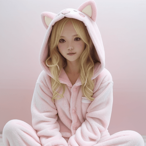 AI generated: blonde haired girl wearing pink kigurumi onesie pajamas