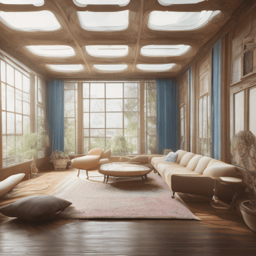 AI generated: High resolution photography interior design, dreamy sunken living room conversation pit, wooden floo...