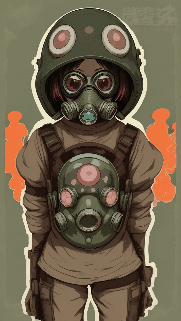 AI generated: portrait of a little mushroom woman. Wearing a gas mask. Prominent eyes, azuki illustration, anime, ...