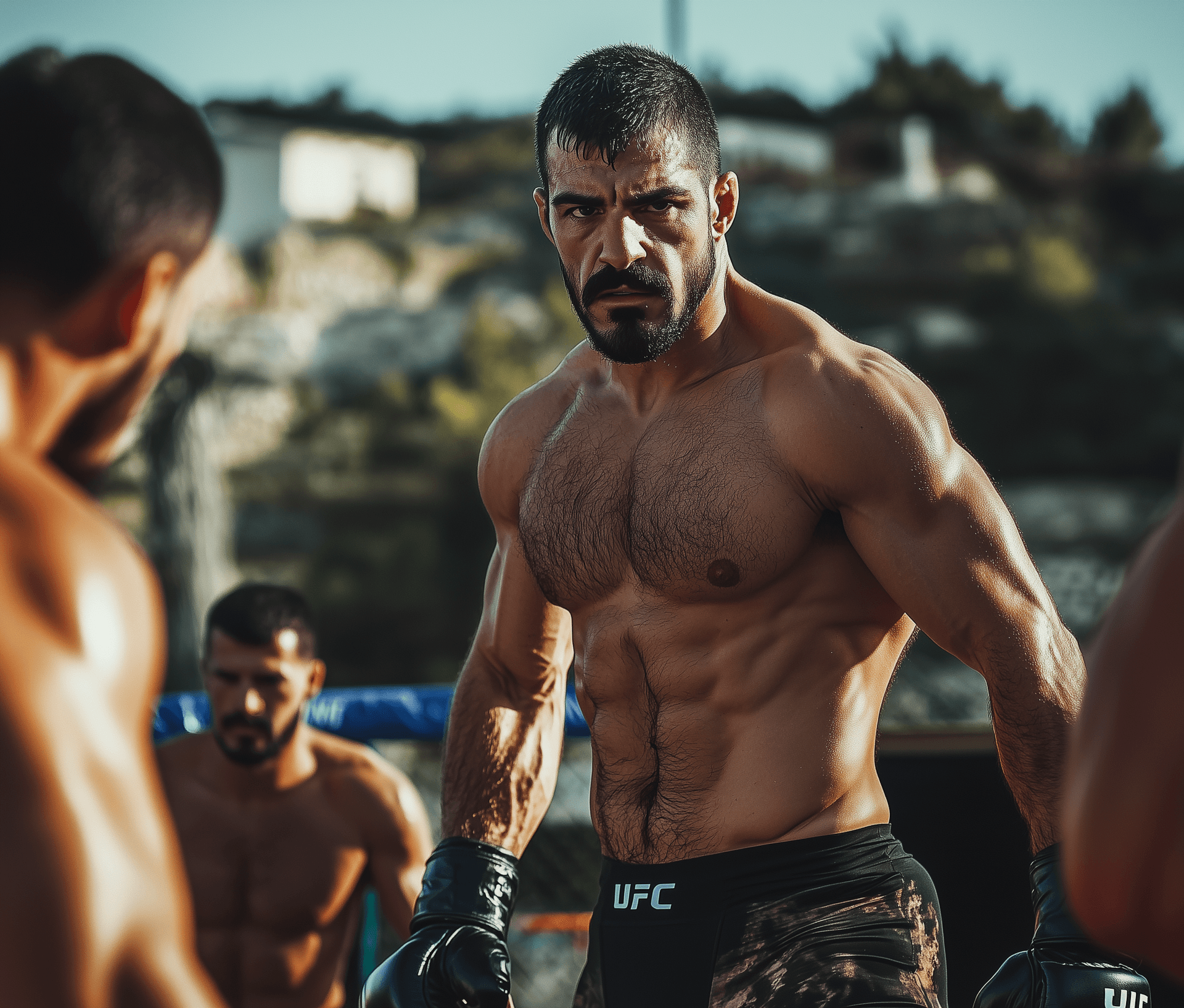 AI generated: full body photo of the handsome Greek MMA fighter, with short black hair and thick mustache, facing ...