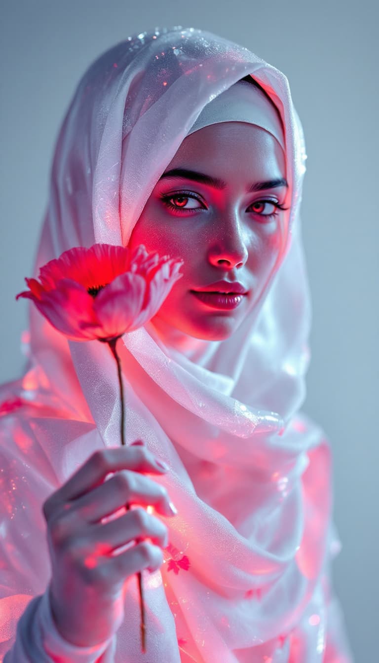 AI generated: Ultra-realistic and ultra-detailed ice sculpture of a young, beautiful Afghan woman wearing a hijab,...