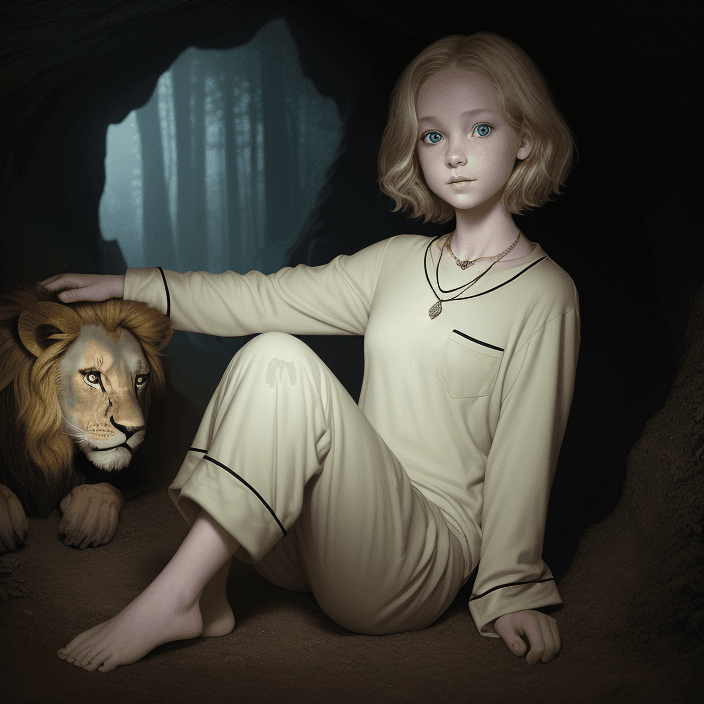 AI generated: Sarah Miller, super cute 12 years old girl, short hairs, blonde hairs, necklace, wearing pajamas, lo...