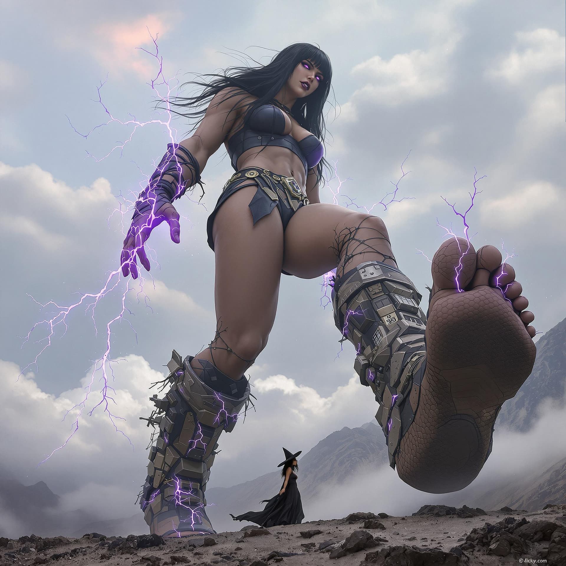 AI generated: enormous giantess female Rhea Ripley from WWE with black medium length hair and straight bangs, bigg...