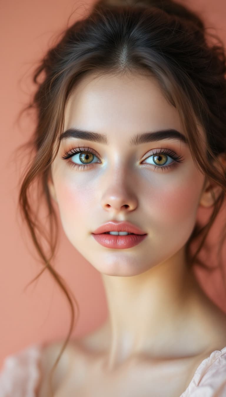 AI generated: A beautiful  girl with brown hair in a low bun and light makeup, big eyes, peach pink background wal...