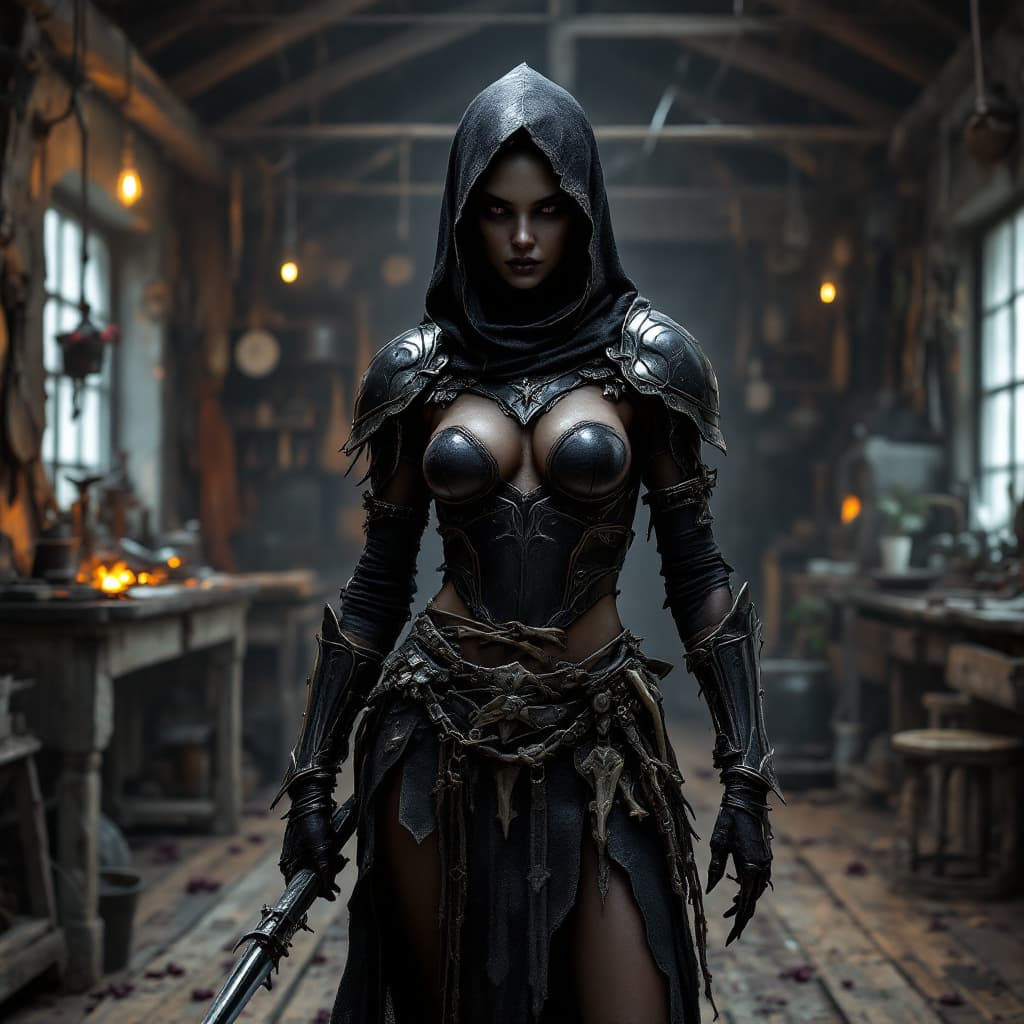 AI generated: High resolution Armor design, voodoo priest leather and bone armor, sizing and fitting feminine armo...