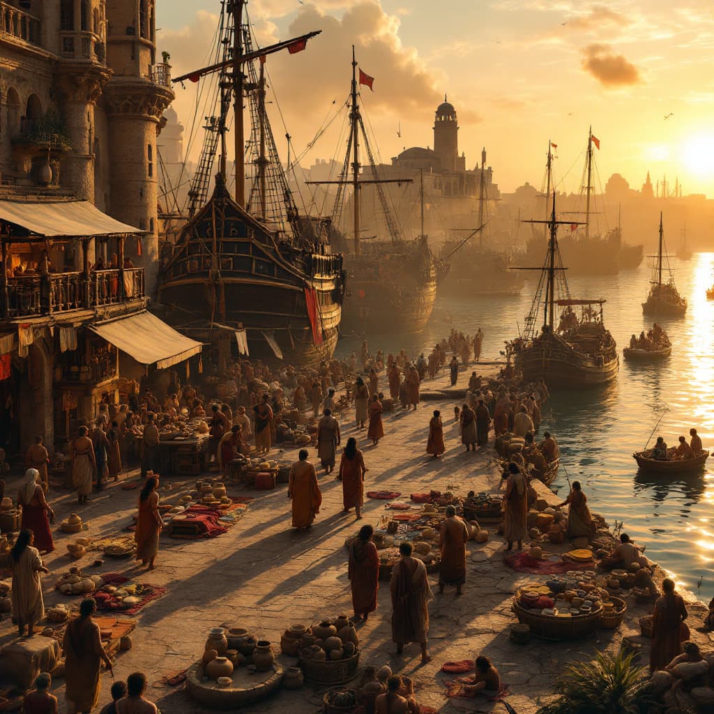 AI generated: A bustling ancient Carthaginian harbor with wooden ships docked, merchants trading goods, and people...