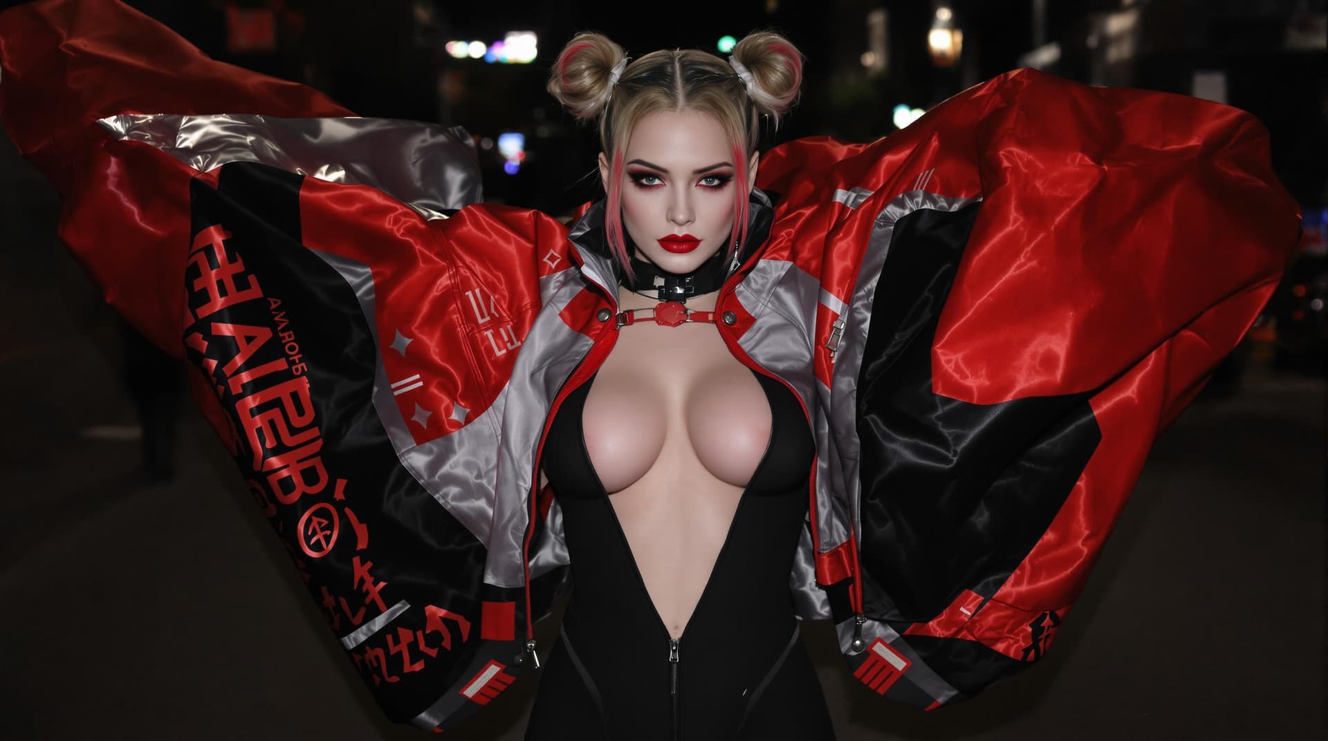 AI generated: A futuristic, cyberpunk-inspired image of harley quin with a bold red and black ensemble. She is wea...
