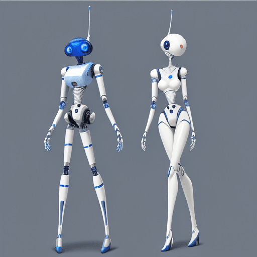 AI generated: arachnid robot, long top droid head, blue & white color, long legs