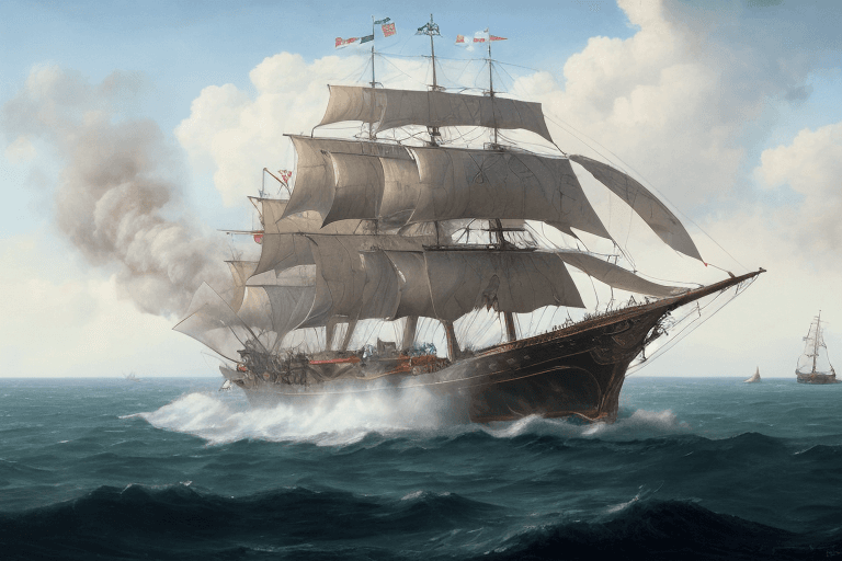 AI generated: masterpiece, incredibly detailed oil painting of two ships engaged in a great naval battle between b...