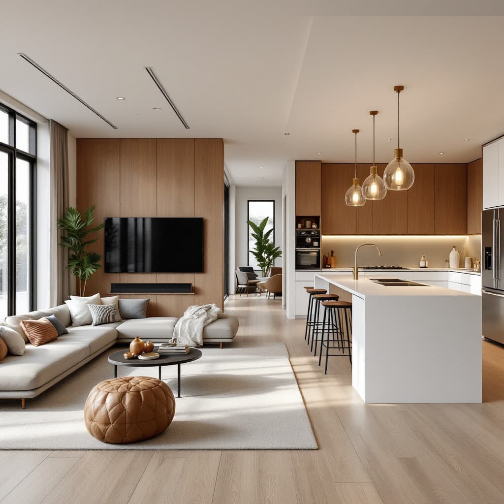 AI generated: A modern and stylish open-concept living room and kitchen with a warm, inviting atmosphere. The livi...