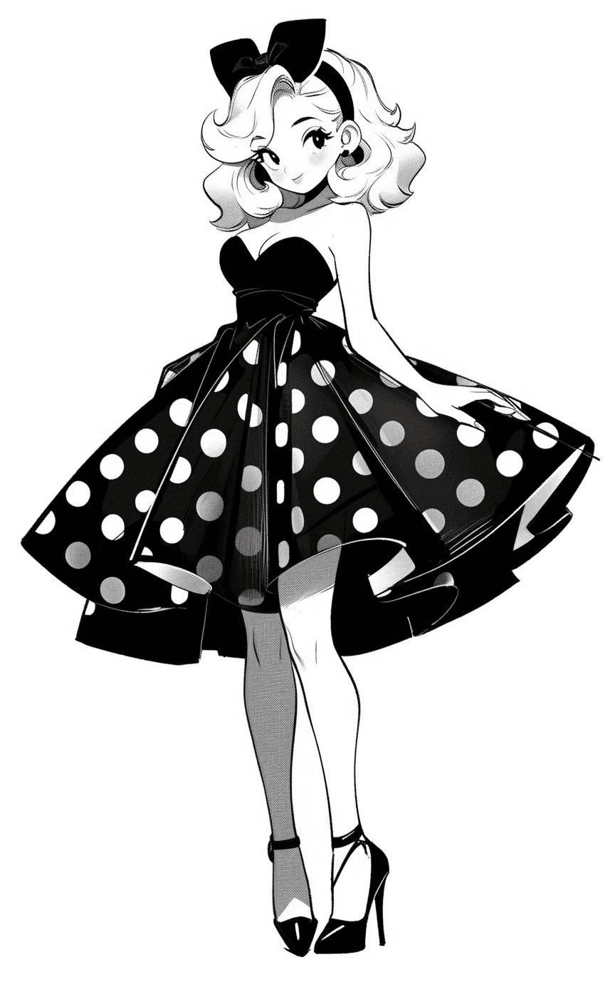 AI generated: a black and white cartoon woman wearing a skirt, in the style of glamorous pin-ups, clean minimalist...