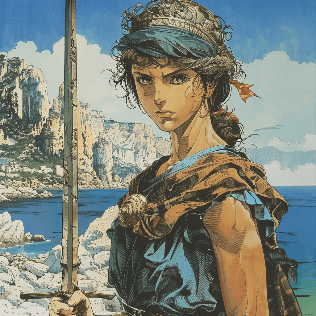 AI generated: Female Greek muse with a sword. Mediterranean background. Live colors. Anime art by Yutaka Minowa, Y...