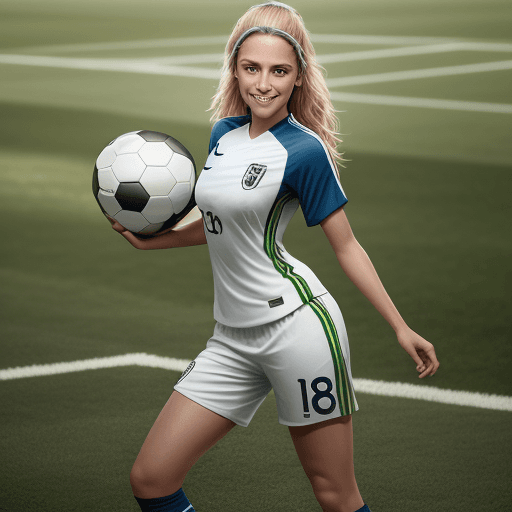 AI generated: professional sports athletic woman dressed as soccer player, soccer ball, smiling, football pitch in...