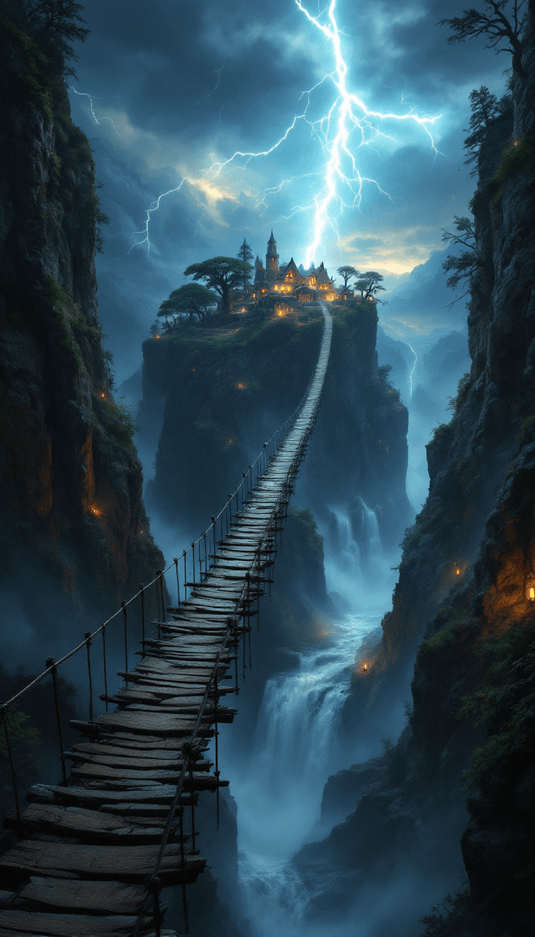 AI generated: A breathtaking and cinematic fantasy landscape depicting a long, weathered rope bridge stretching pr...