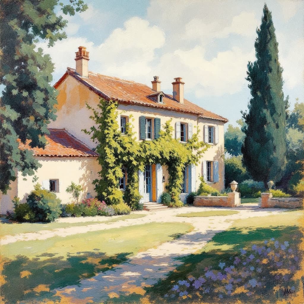 AI generated: Impressionist painting of a French Manor House in Provence, oil on canvas, in the style of Paul Ceza...
