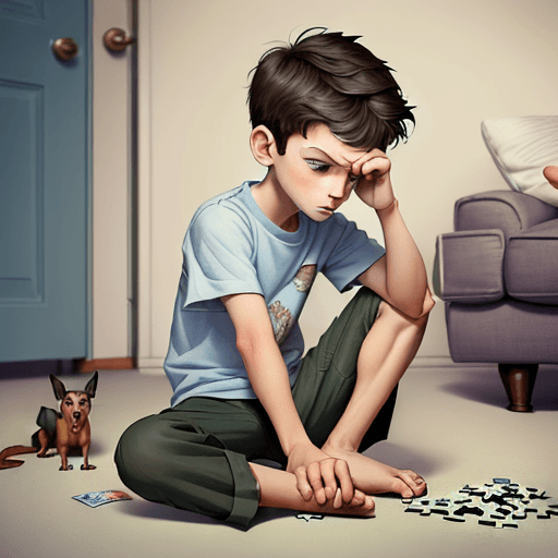 AI generated: A young puzzled boy showing his empty pockets to the viewer of the image - as if looking up to his m...