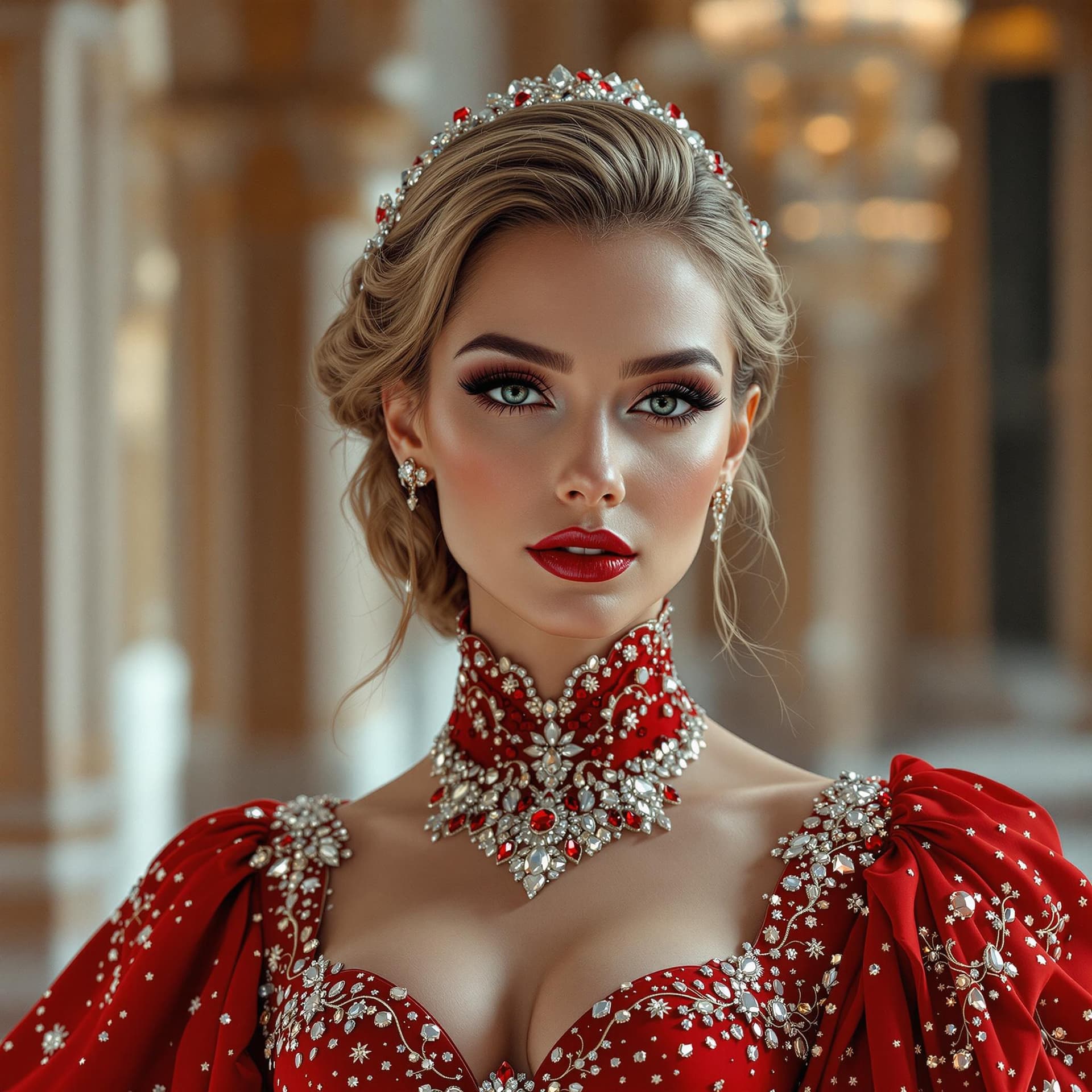 AI generated: magnifique femme en robe rouge faite de rubis et de diamants étincelants avec des détails complexes,...