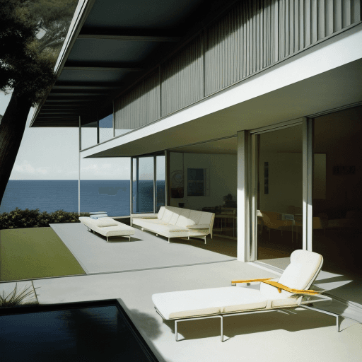 AI generated: Hyper realistic eye level exterior photo of a mid century modern style house overlooking the ocean, ...