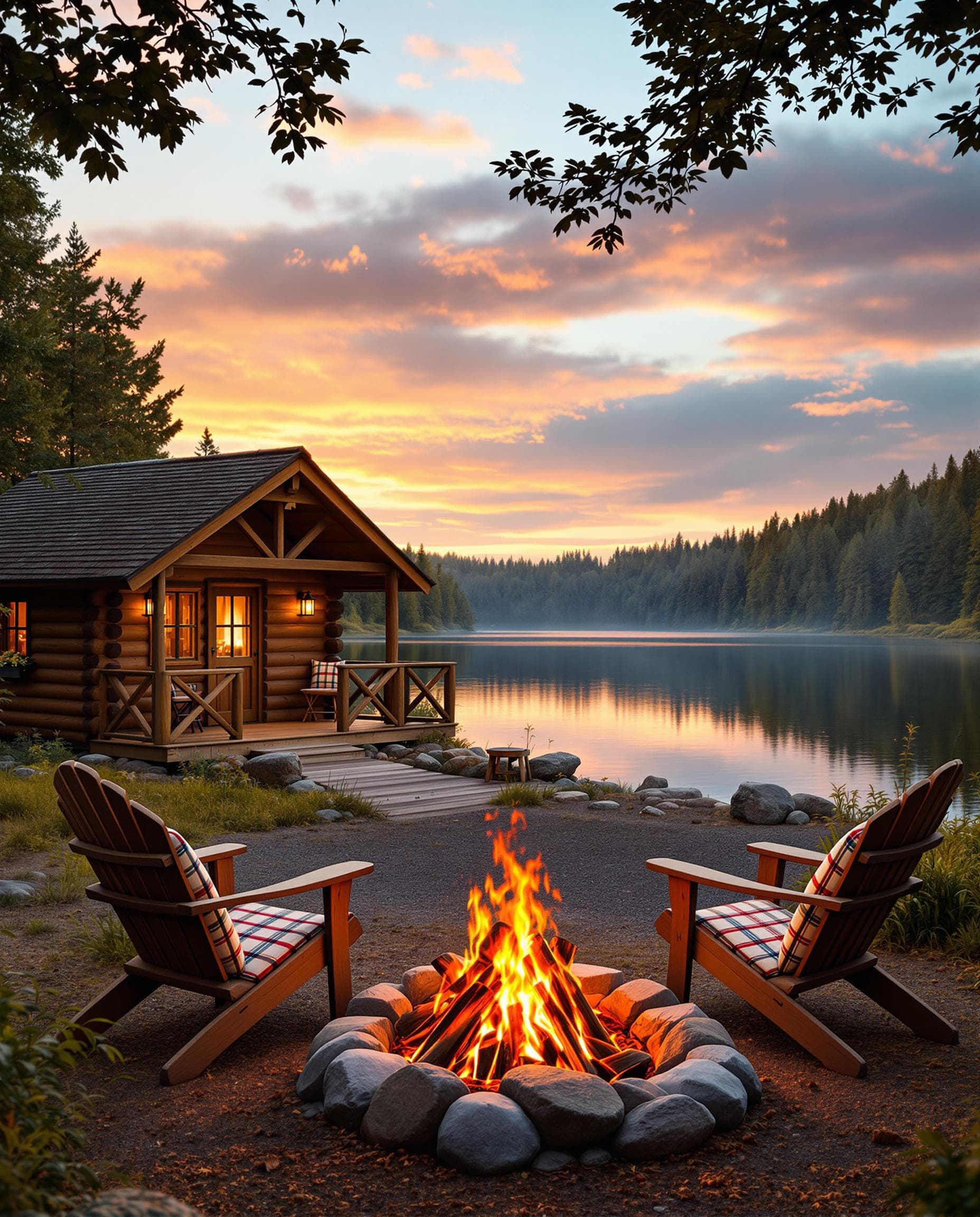 AI generated: A tranquil lakeside scene at sunset. A cozy wooden log cabin sits on the shore of a calm lake, surro...