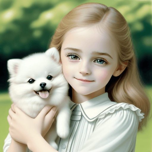 AI generated: A picture of a young girl holding a small white pomeranian dog, inspired by Emma Watson, enchanting ...