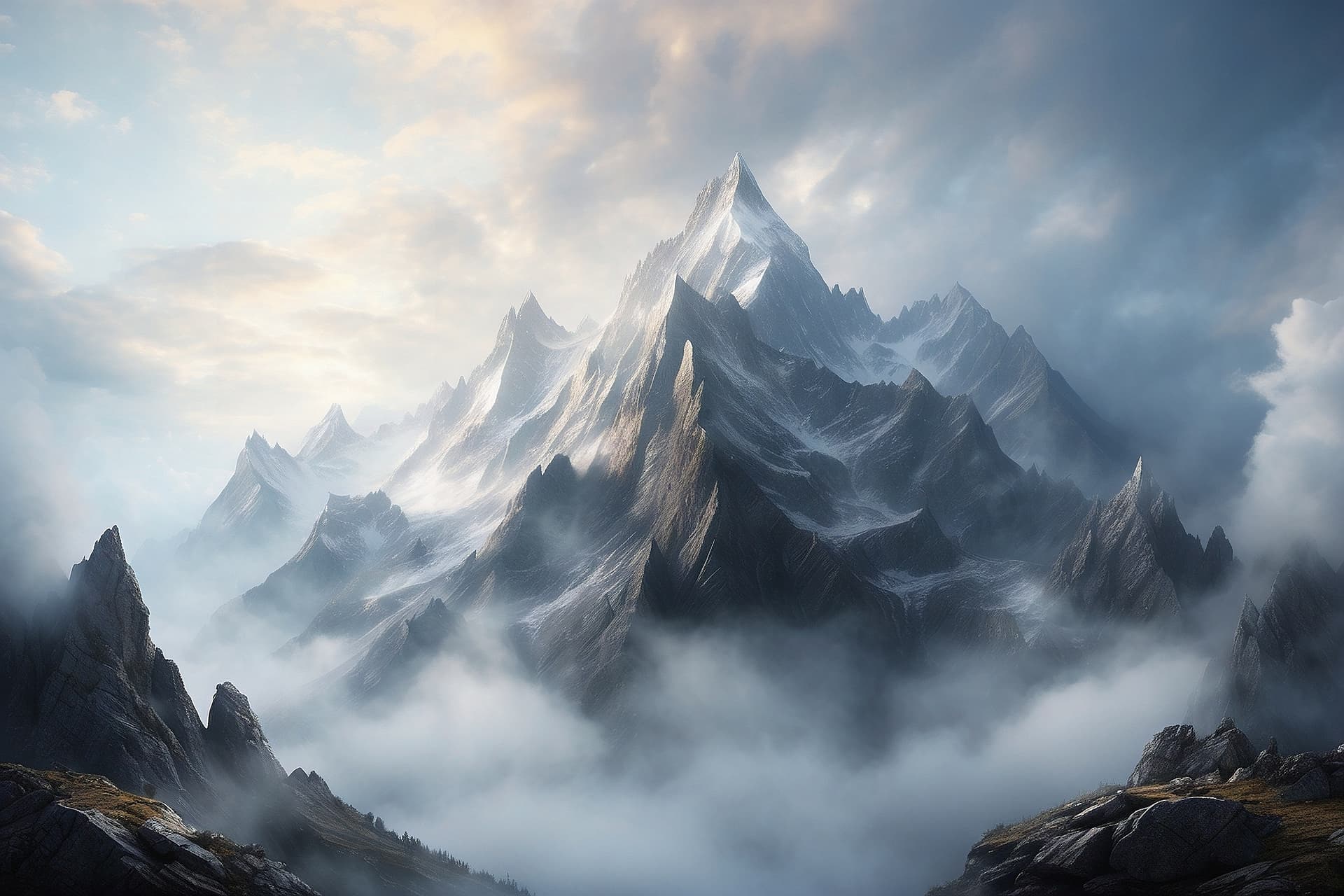 AI generated: A dramatic mountain peak, shrouded in mist and mystery. The jagged edges of the rocks and the swirli...