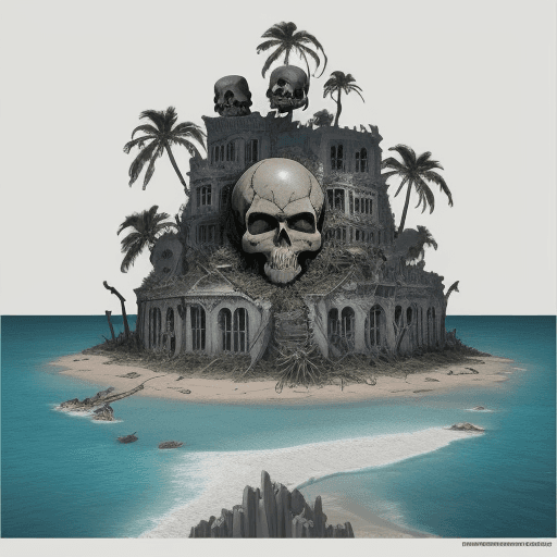 AI generated: A color comic style poster of the island of the dead, human skull figures of the undead, with A penc...
