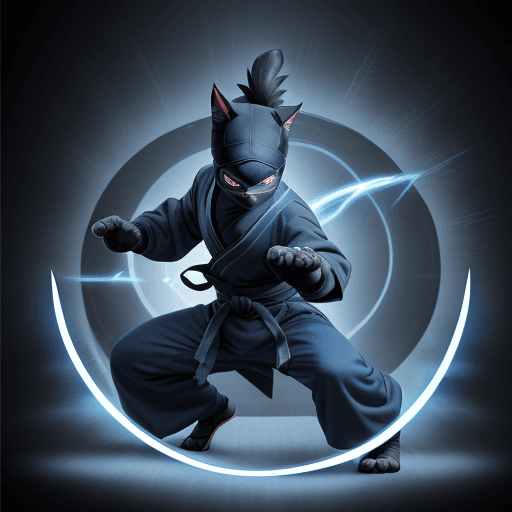 AI generated:  an anthropomorphic cute cat wearing [ninja outfit : Gray ninja jacket, gray ninja pants, blue scale...