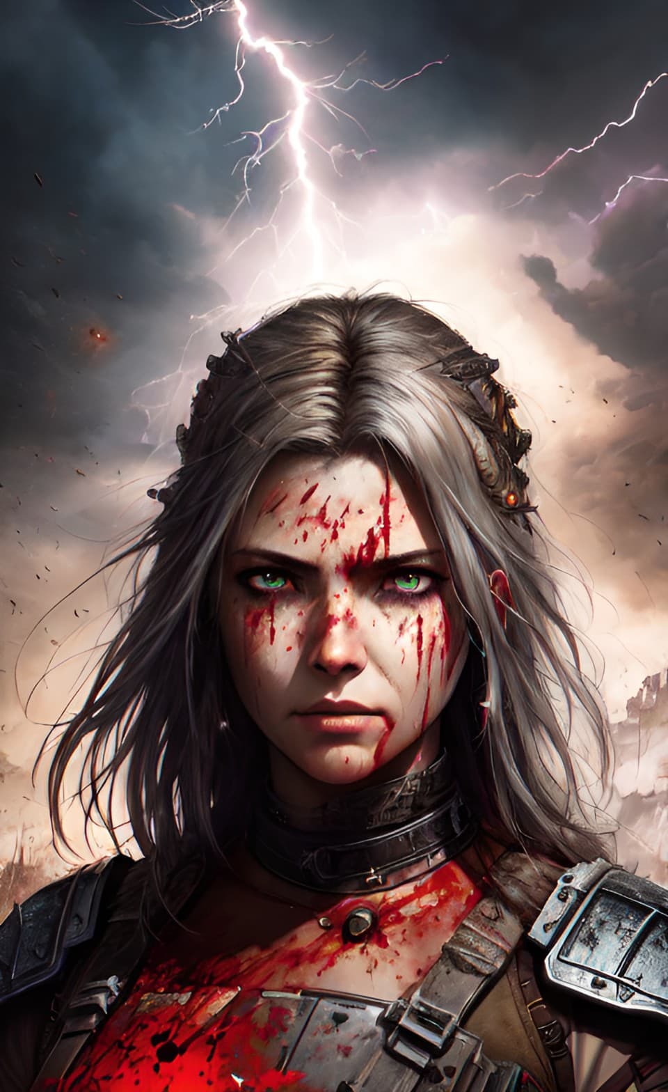 AI generated: Portrait of a fantasy sorceress character, long silver messy hair, body armor, detailed, vivid, bron...