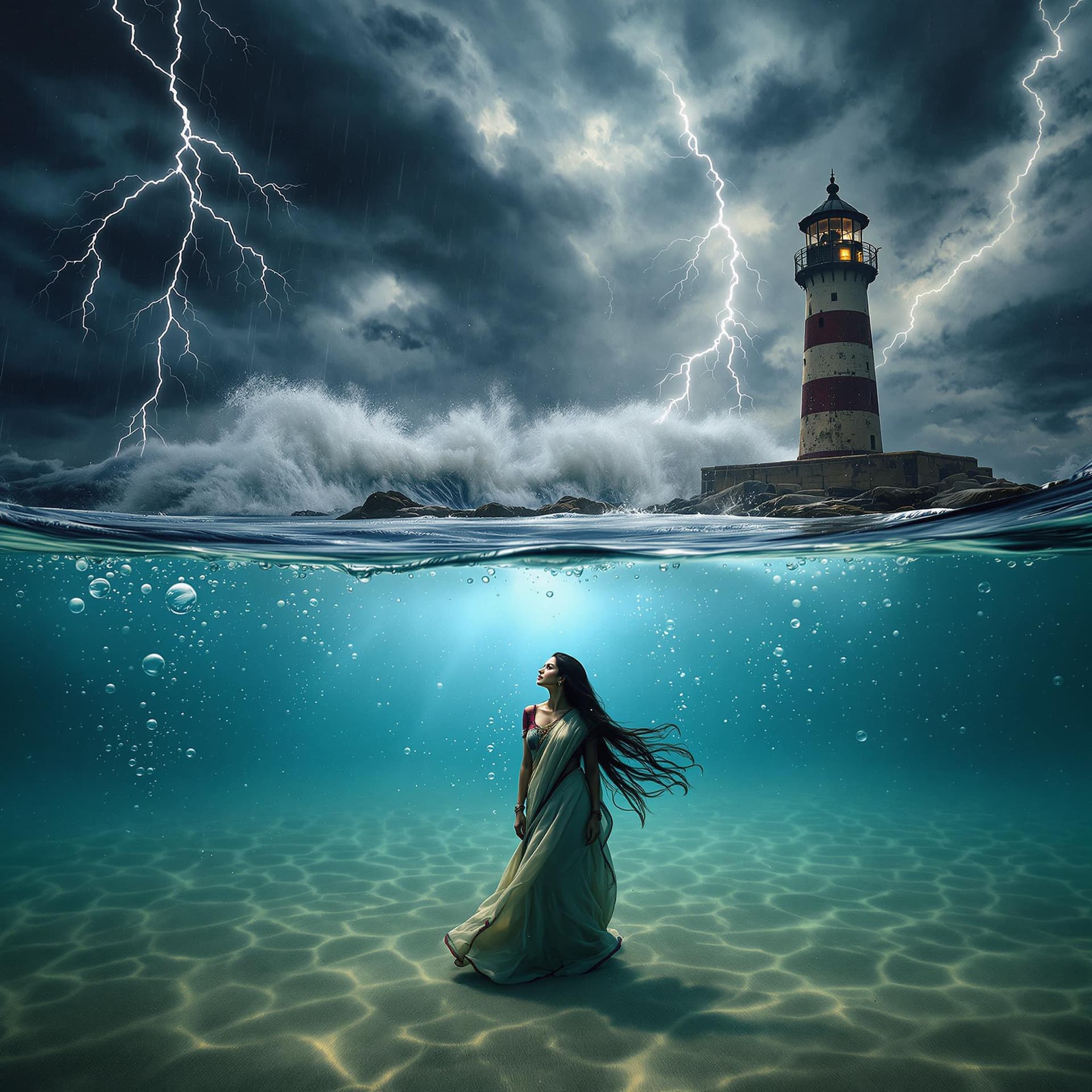 AI generated: A cinematic split-frame composition where the lens is half-submerged underwater. Below the surface, ...