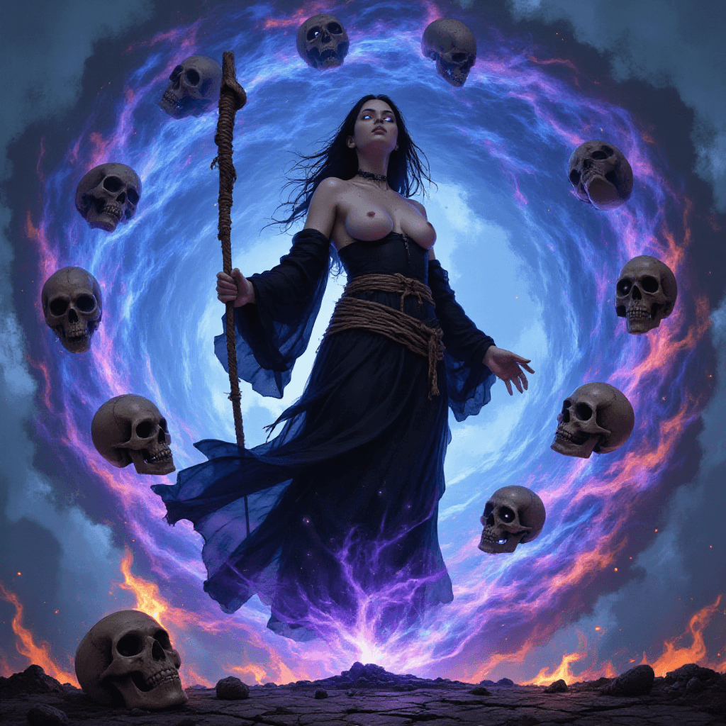 AI generated: A powerful  fully topless with, her breasts painted with blood, (witch:1.5) with (jet-black hair:1.4...